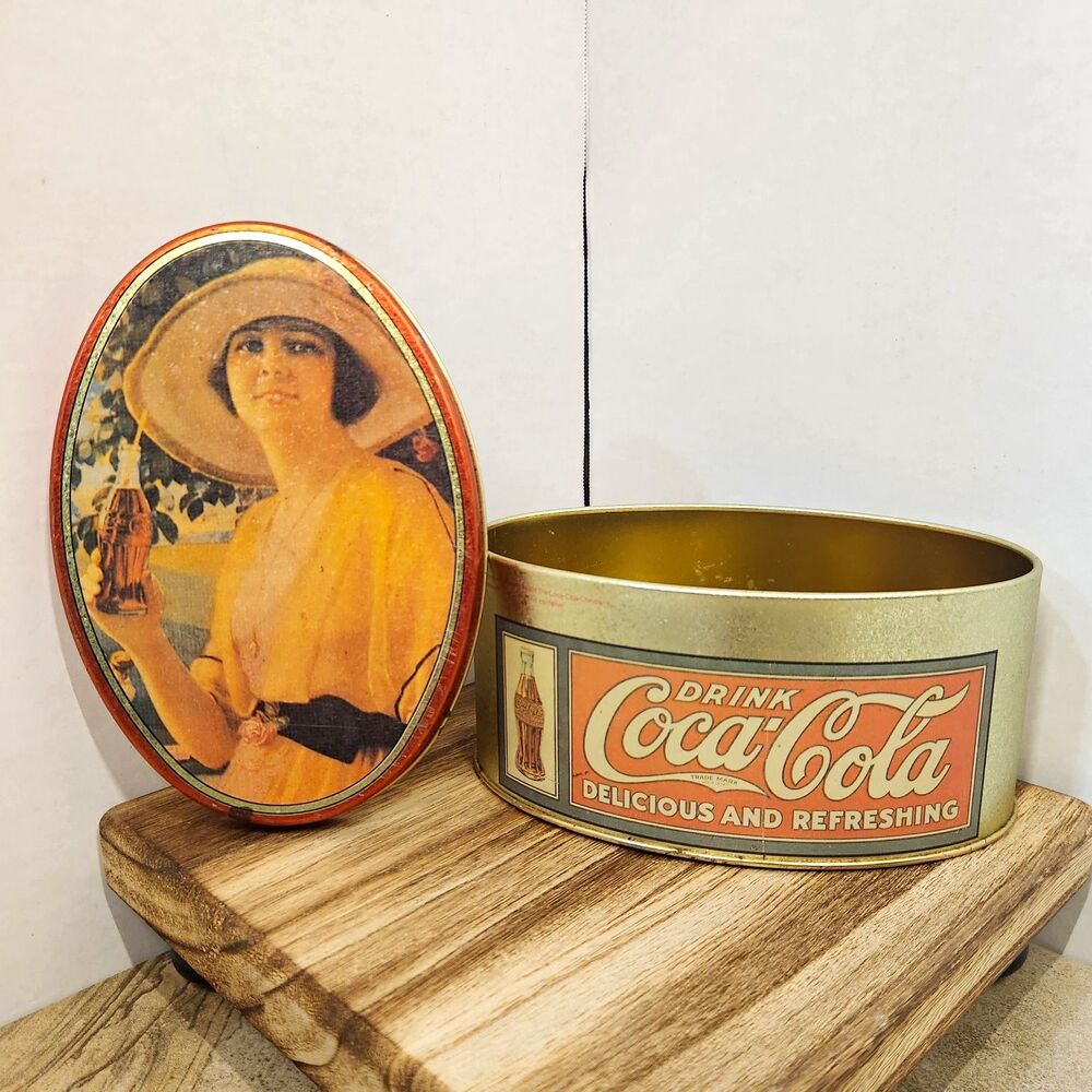 Vintage 1992 Coca Cola Tin Box Oval Bristol Ware Delicious Refreshing Woman Hat